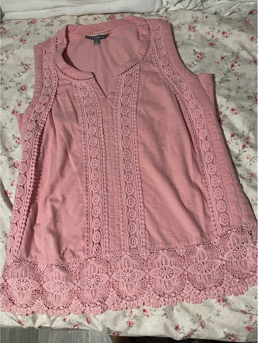 NY Collection Pink Crochet Lace Trim Top
